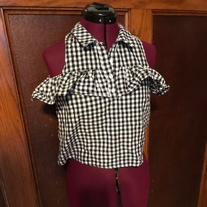 Gingham cold shoulder ruffled top